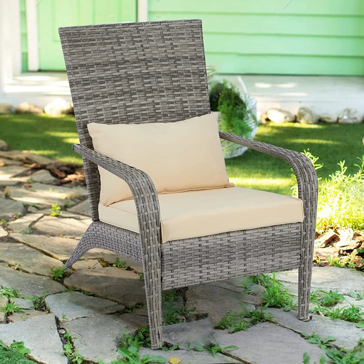 High Back Wicker Outdoor Dining Chairs with Cushion and Pillow in Gray Y345