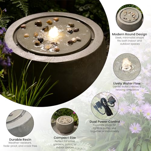 Large Round Bubbler Water Fountain with Lights & Pump Gray U723