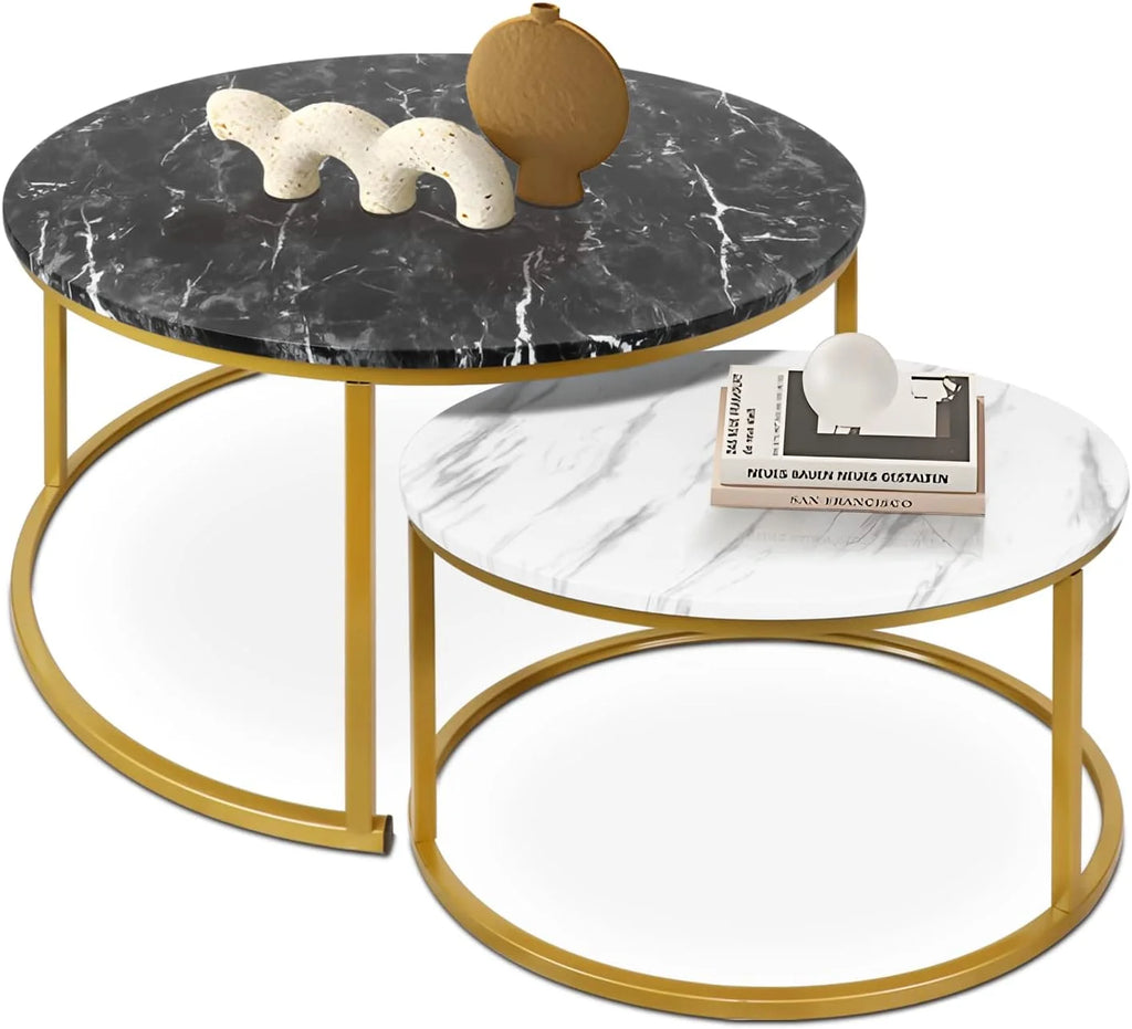 35" Coffee Table Set of 2 Nesting Round Side Tables Metal Frame I8292