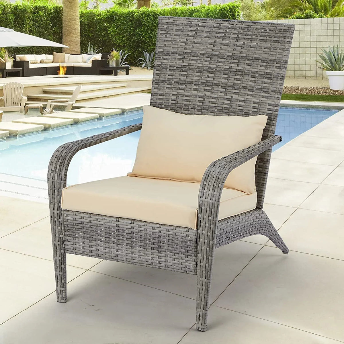 High Back Wicker Outdoor Dining Chairs with Cushion and Pillow in Gray Y345