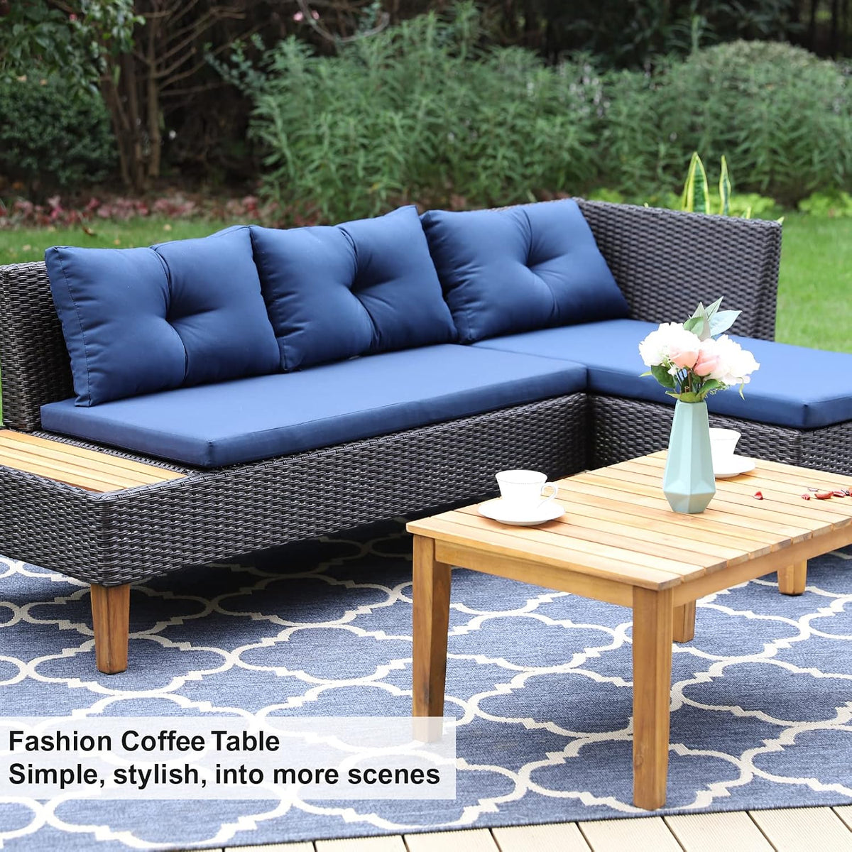 3 Pieces Patio Rattan Wicker and Acacia Wood Sectional Sofa Set Navy Blue P580