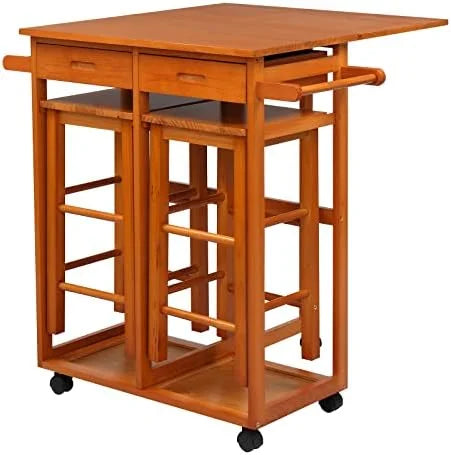 Drop Leaf Solid Wood Table and Stool Set with 2 Drawers V309465