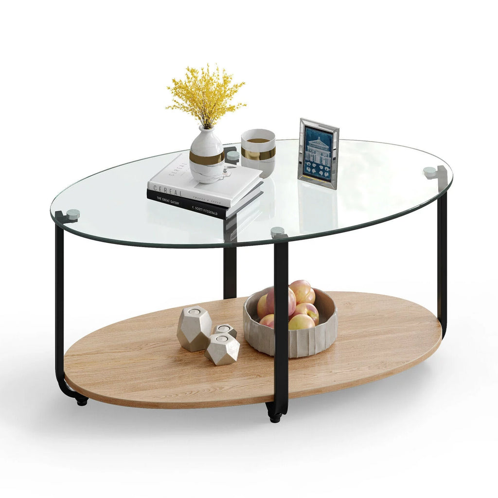 2-Tier Oval Glass-Top Coffee Table with Storage Shelf X697