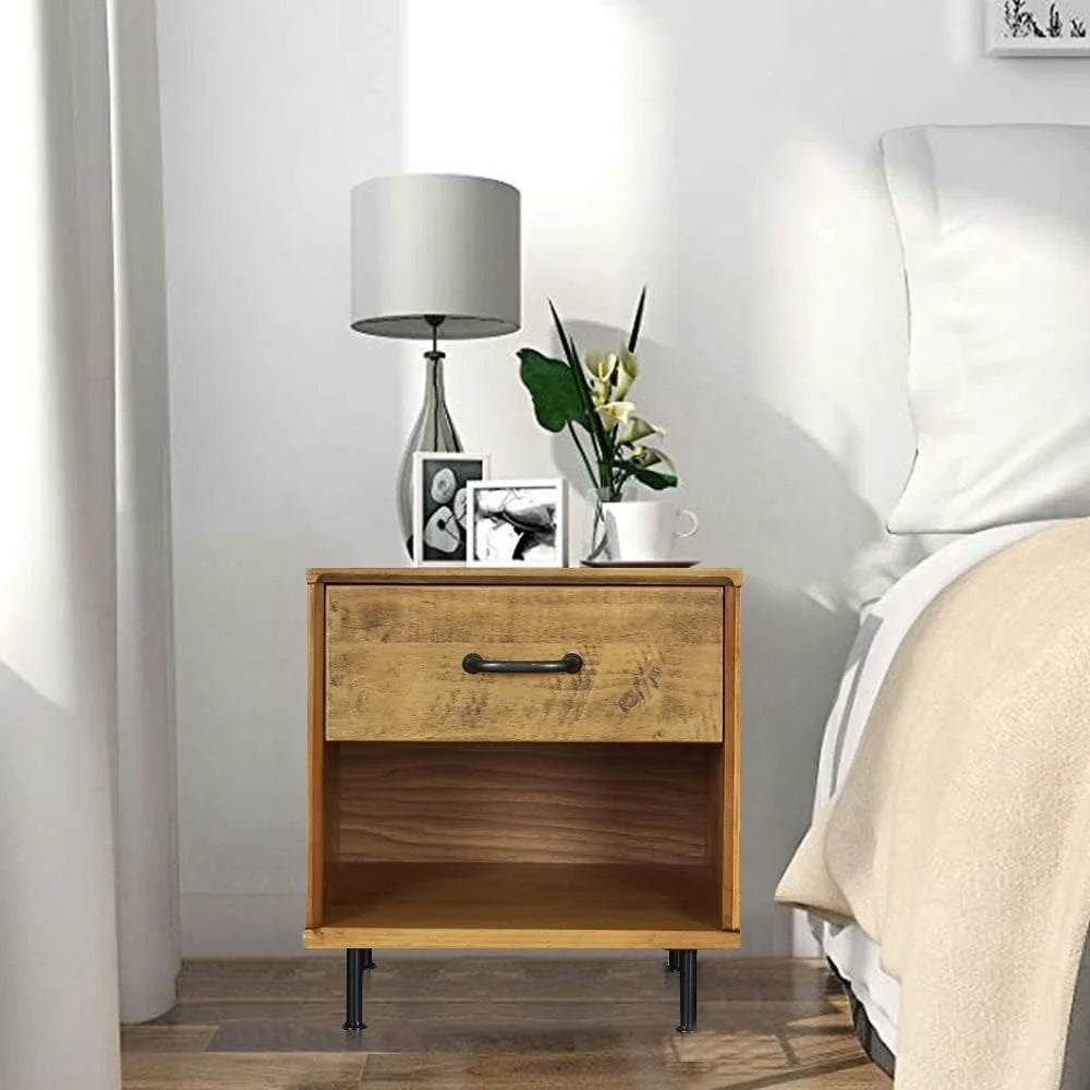 Solid Wood Nightstand with Drawer and Shelf R1479