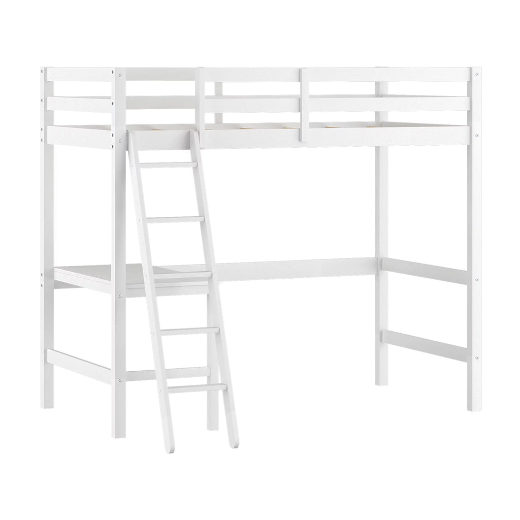 White Wood Twin Loft Bunk Bed with Desk J78771