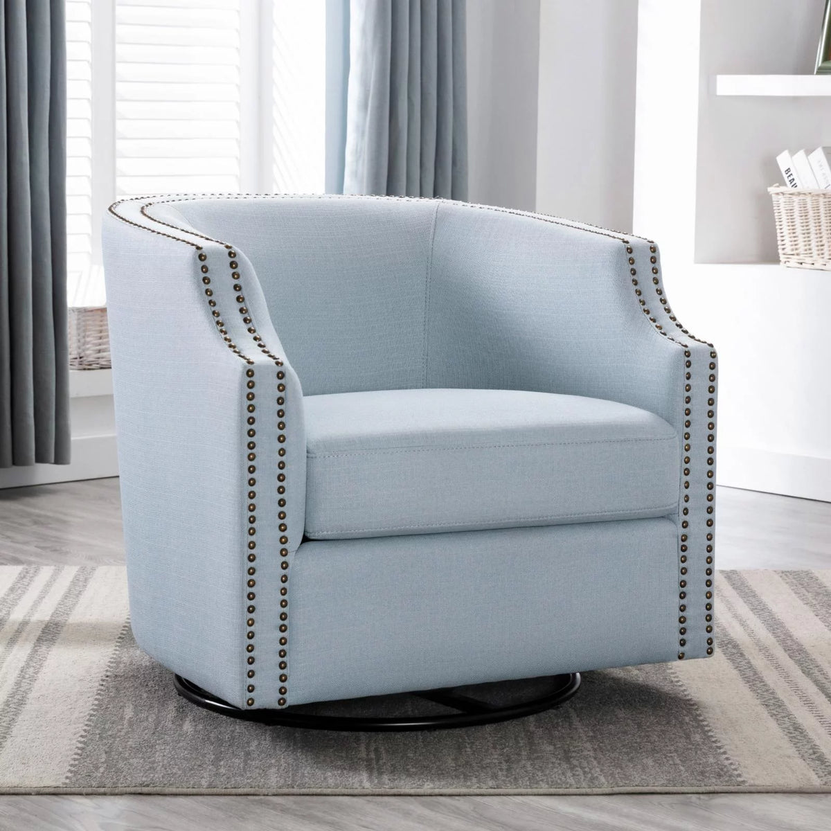 Sky Blue Polyester Linen Swivel Barrel Accent Chair Y941090