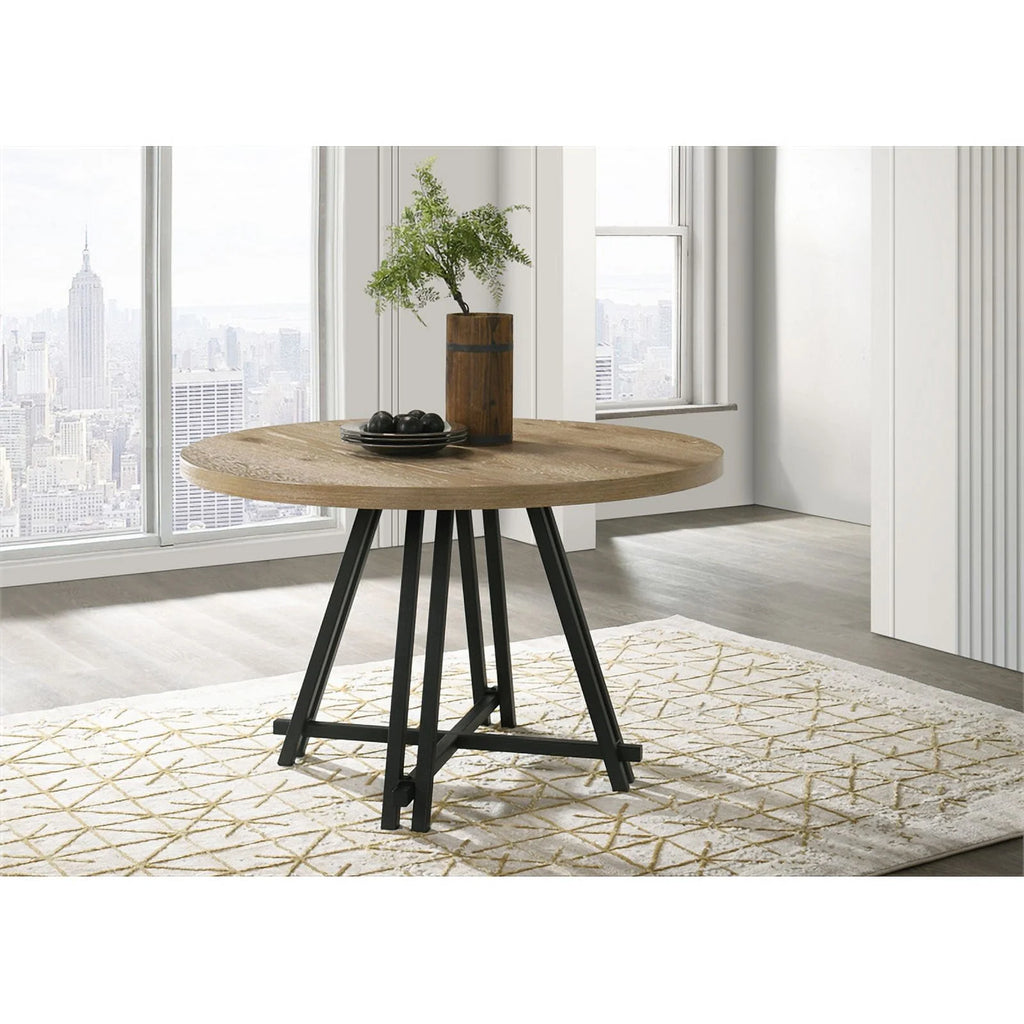 Oak Finish Wood Round Dining Table with Black Metal Base E30851