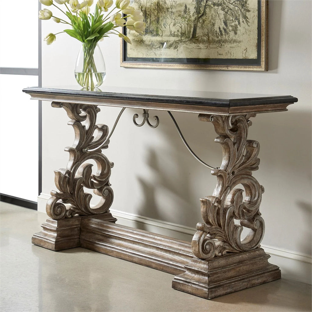 Brown Wood Console Table with Marble Top V9416