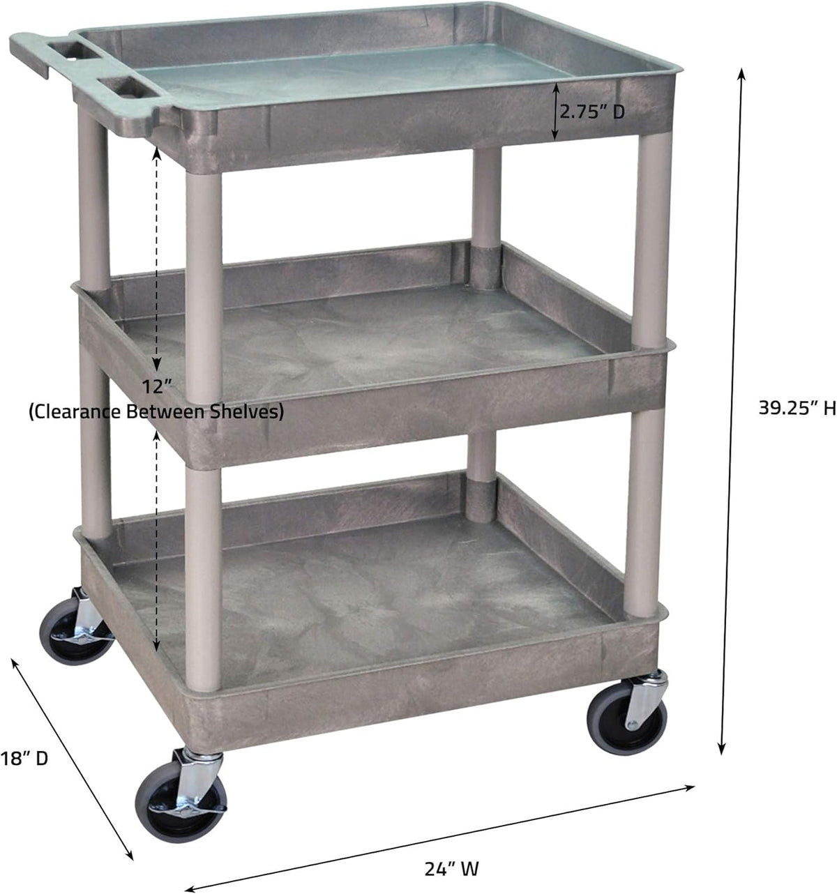 Mobile Utility Tub Cart with 3 Shelves and Push Handle Gray D393