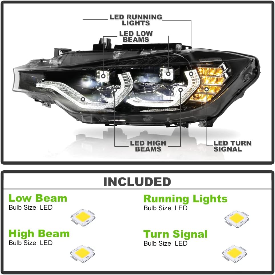 2012-2015 BMW F30 320i 328i 335i Sedan Full LED Projector Headlights Pair K90662