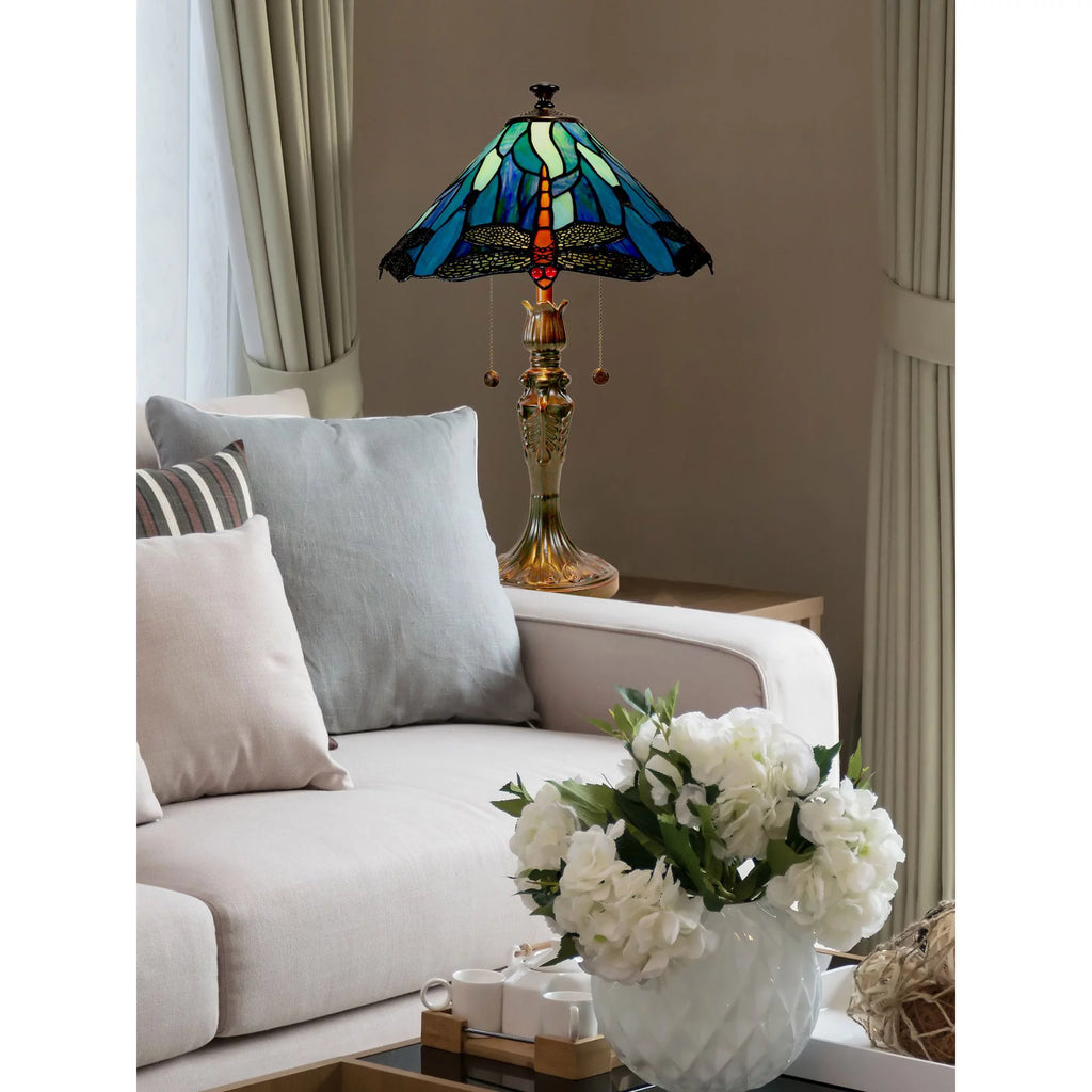 Antique Bronze and Blue Hand Crafted Glass Table Lamp B21285