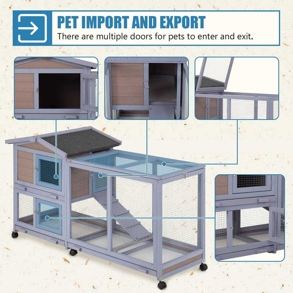 Wood Rabbit Hutch with Wheels & Waterproof Roof Q274