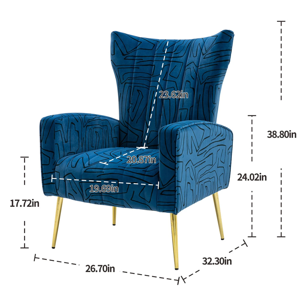 Navy Blue Velvet Wingback Accent Chair with Metal Legs L320
