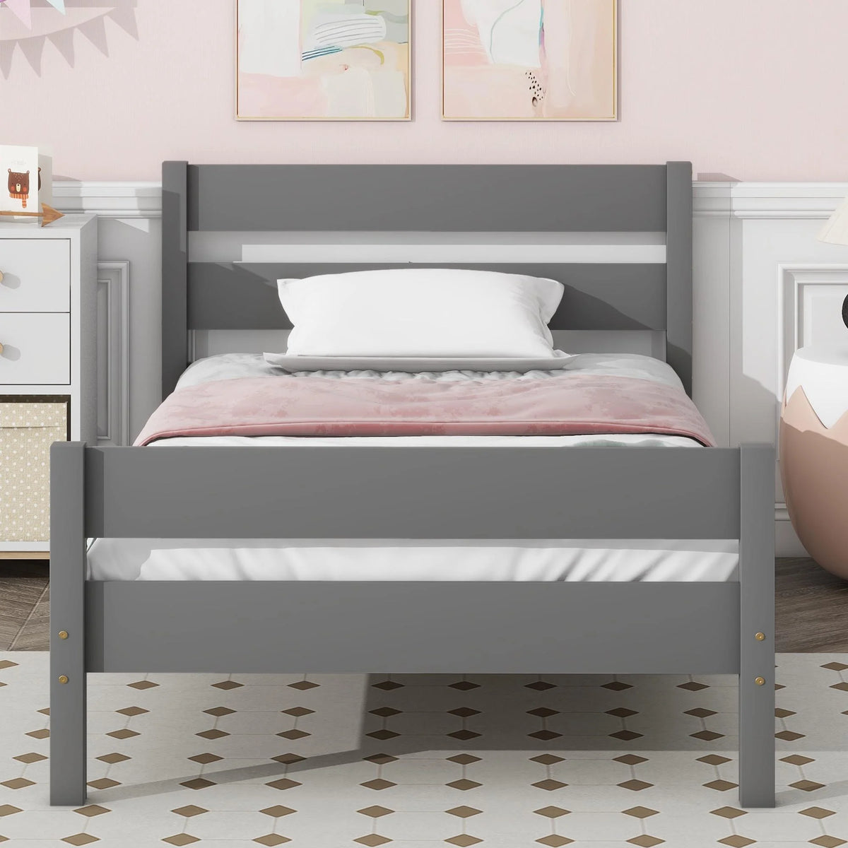 White Twin Size Solid Wood Platform Bed Frame with Headboard and Footboard N582