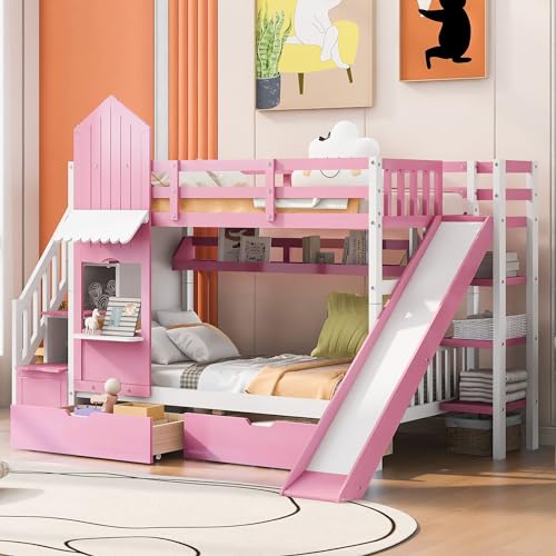 Twin Over Twin Solid Wood Bunk Bed with Slide Storage Staircase Drawers Pink O23700