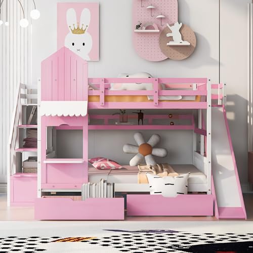 Twin Over Twin Solid Wood Bunk Bed with Slide Storage Staircase Drawers Pink O23700