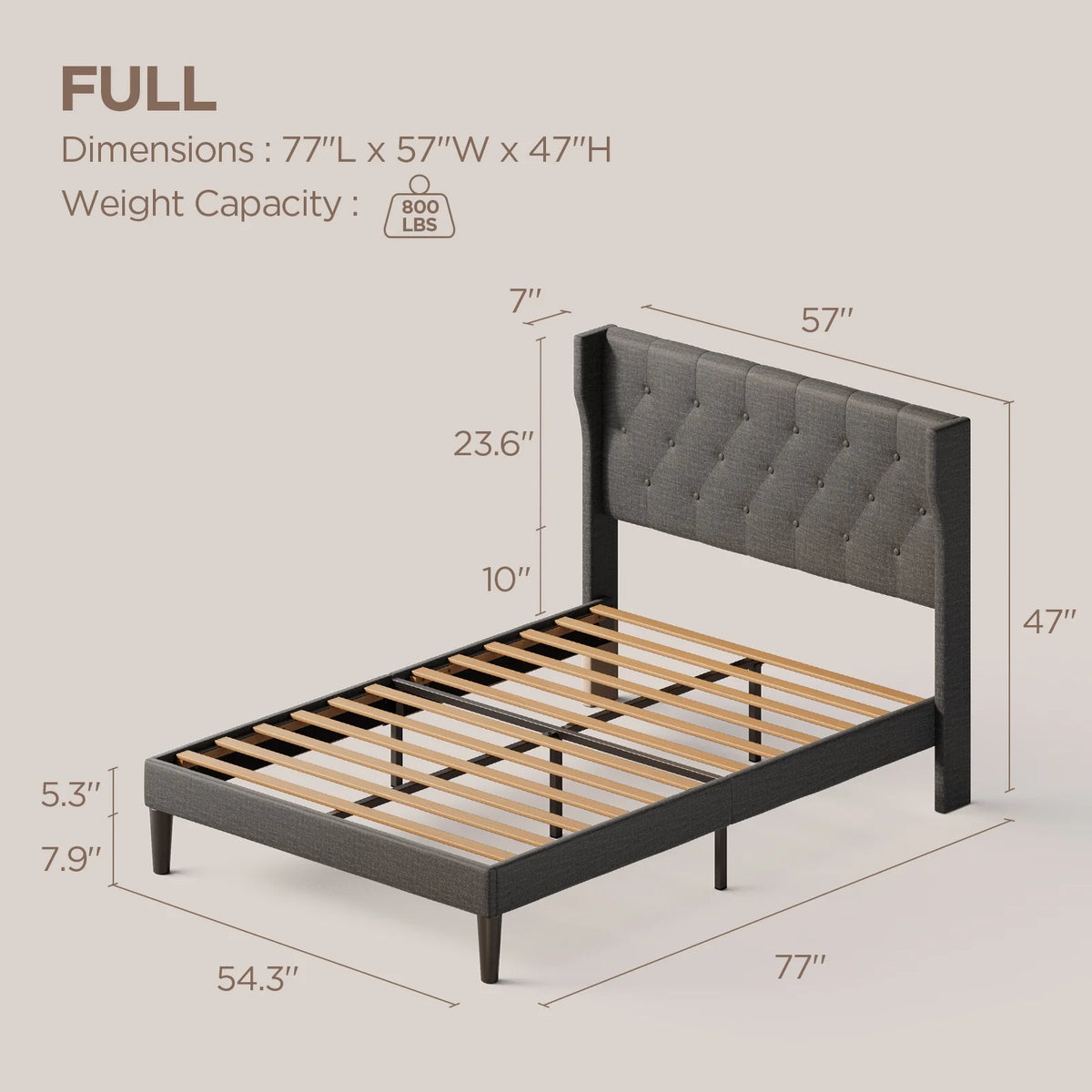 Full Size Dark Gray Bed Frame with Button Tufted Headboard N173