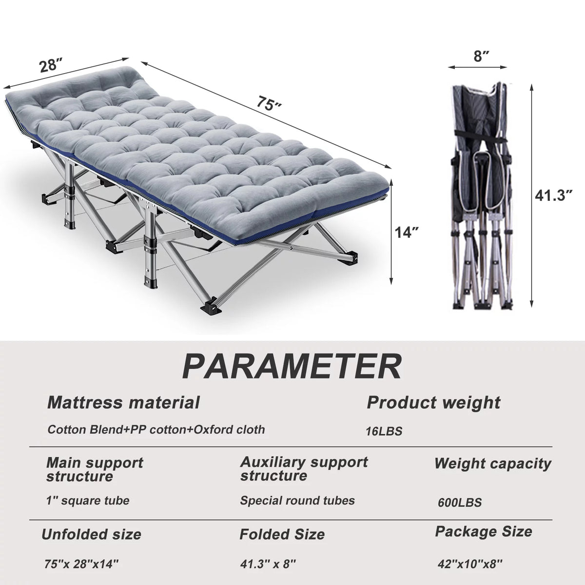 75" Folding Bed with Mattress and Carry Bag Z6038