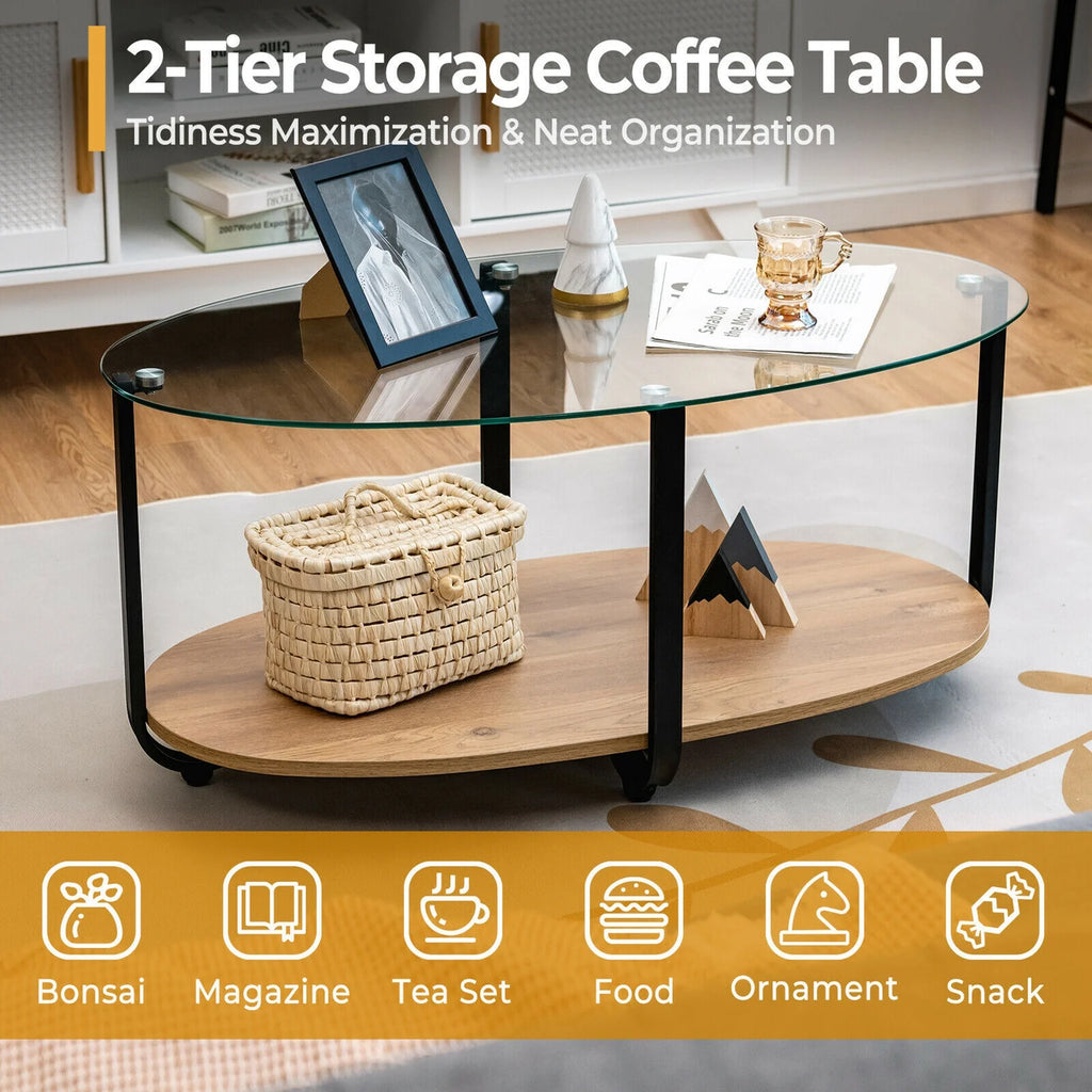 2-Tier Oval Glass-Top Coffee Table with Storage Shelf X697