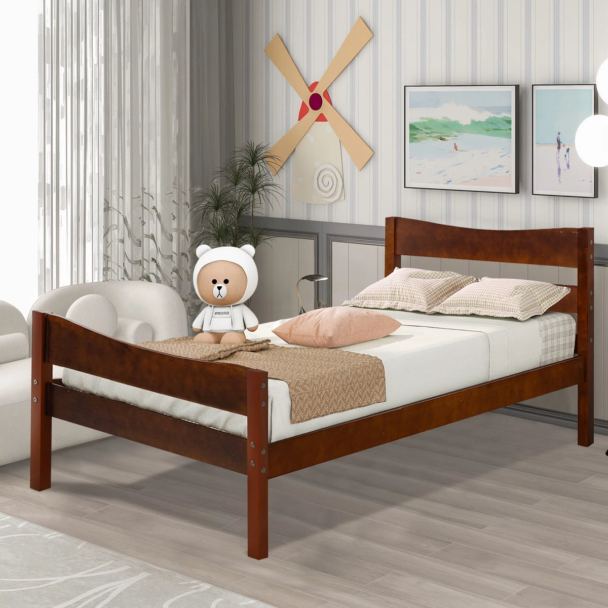 White Twin Size Solid Wood Platform Bed Frame with Headboard and Footboard N582
