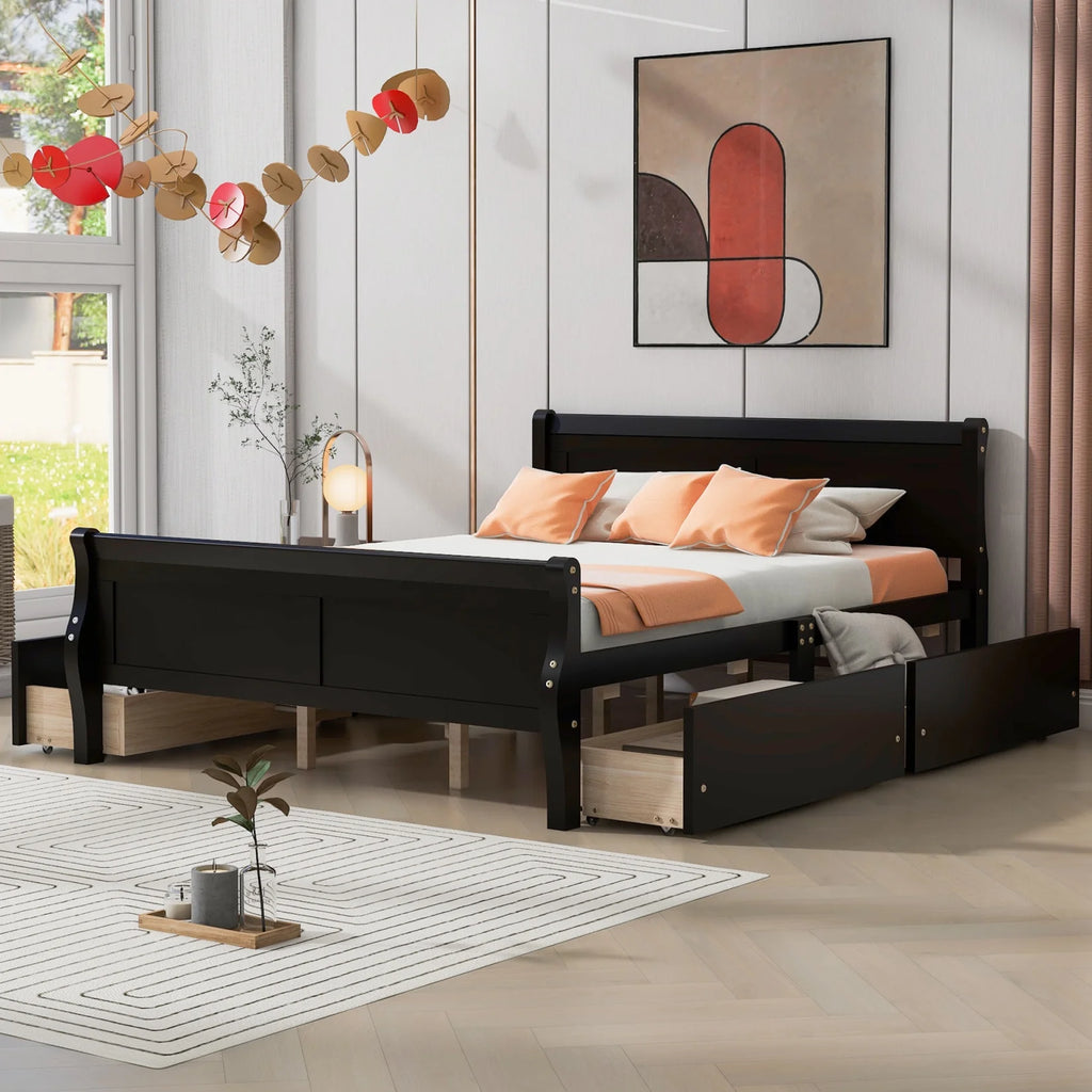 Queen Size Wood Platform Bed with 4 Drawers W88661