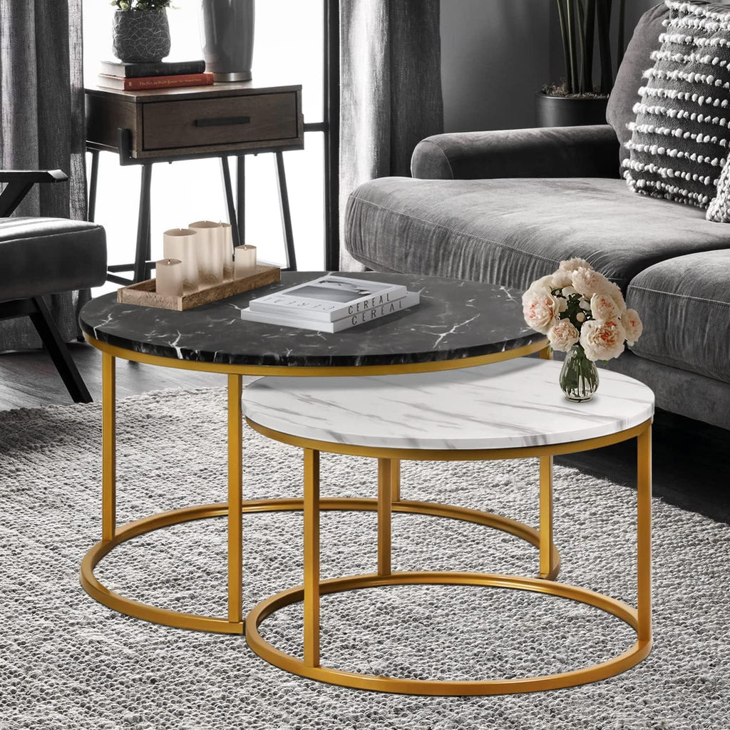35" Coffee Table Set of 2 Nesting Round Side Tables Metal Frame I8292