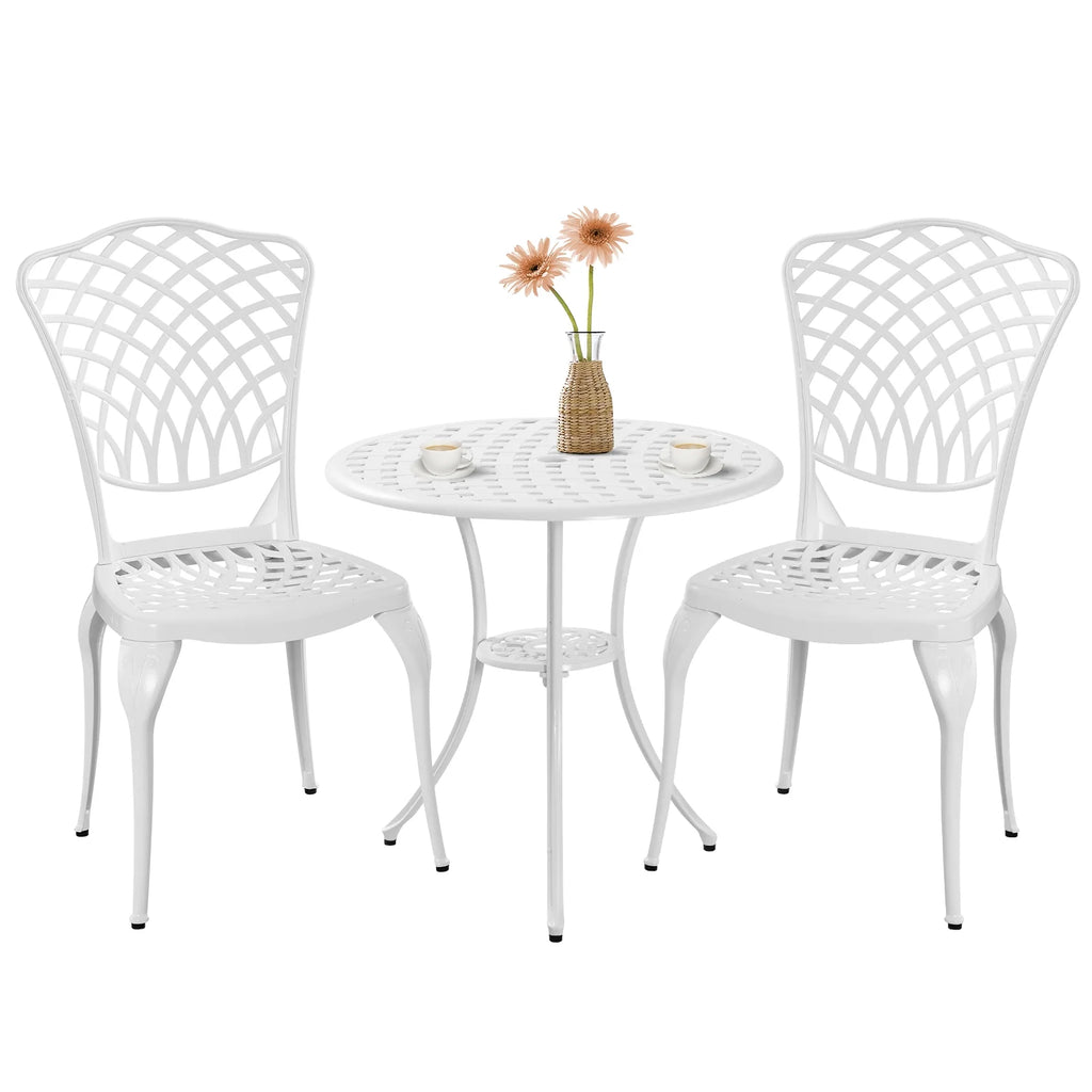 3 Piece White Patio Bistro Set with Umbrella Hole B505596