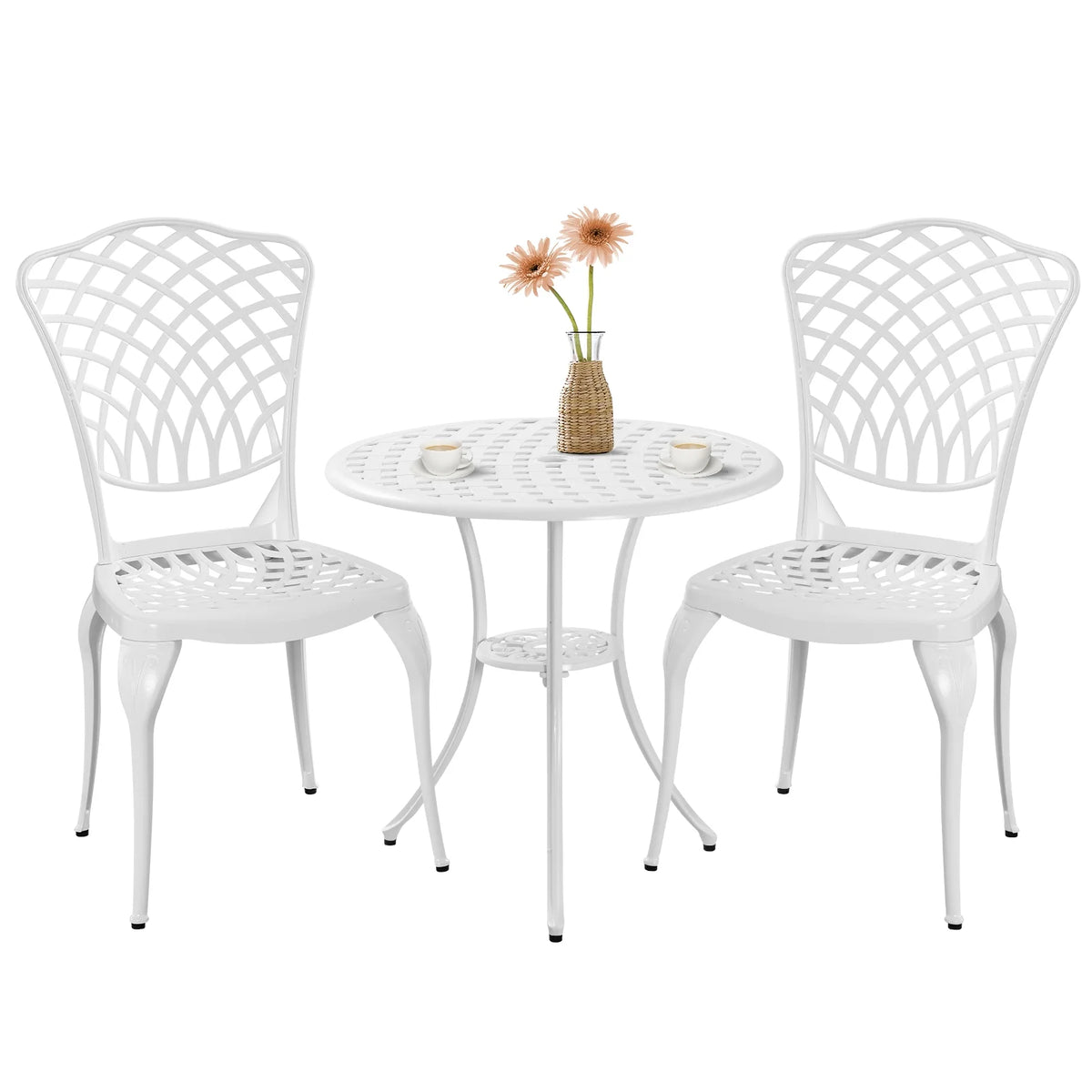 3 Piece White Patio Bistro Set with Umbrella Hole B505596