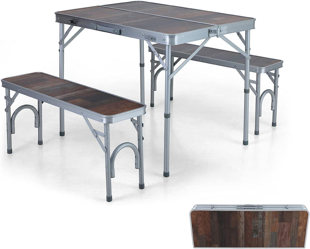 3 Pc Folding Table and Benches Set Aluminum Adjustable Camping Table W8654