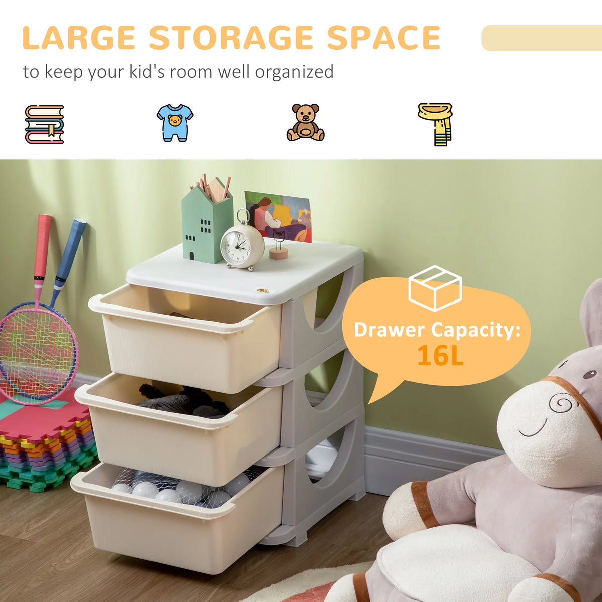 3 Tier Kids Storage Unit Dresser Tower Cream White J28352