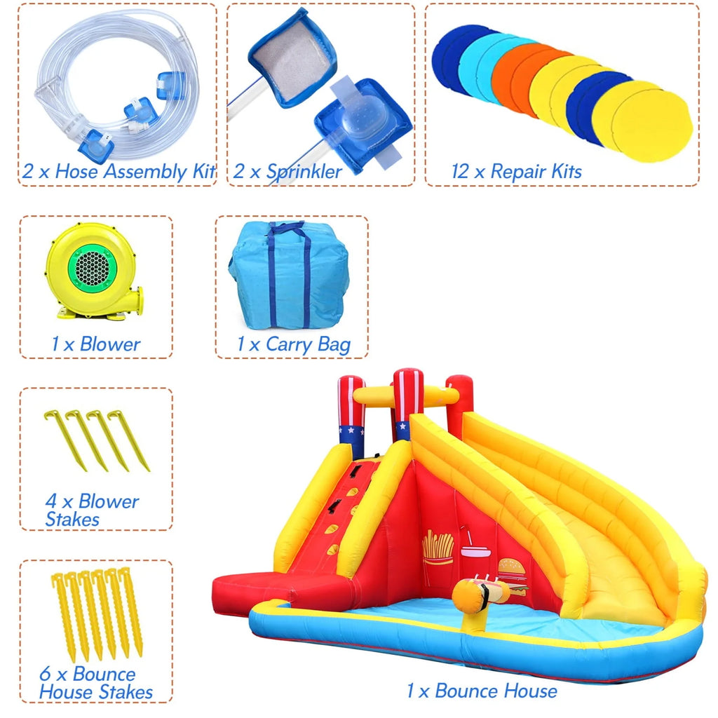 Inflatable Water Slide Splash Toy with Climbing Wall, Splash Pool, Water Cannon, Blower, Sprinkler, Stakes, Repair Patches, Storage Bag I3853