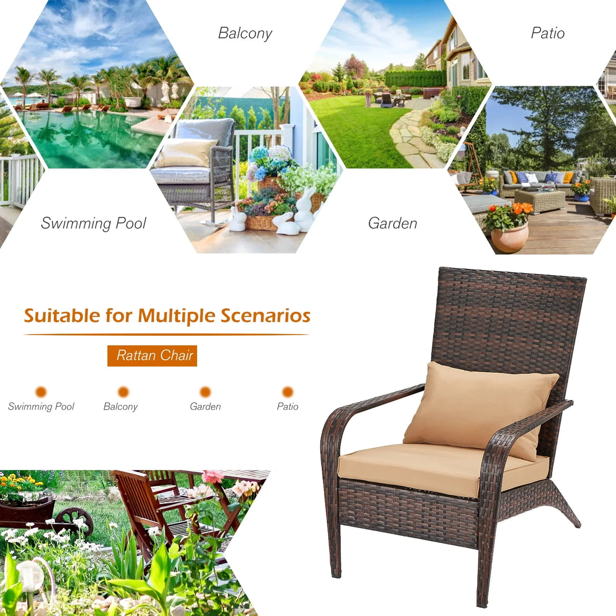 High Back Wicker Outdoor Dining Chairs with Cushion and Pillow in Gray Y345