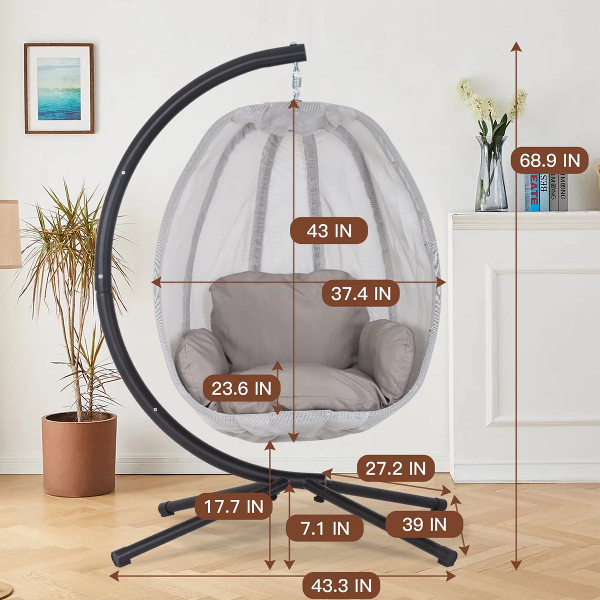 Egg Chair with Metal Stand and Cushion, 400LBS Capacity, Gray V62367