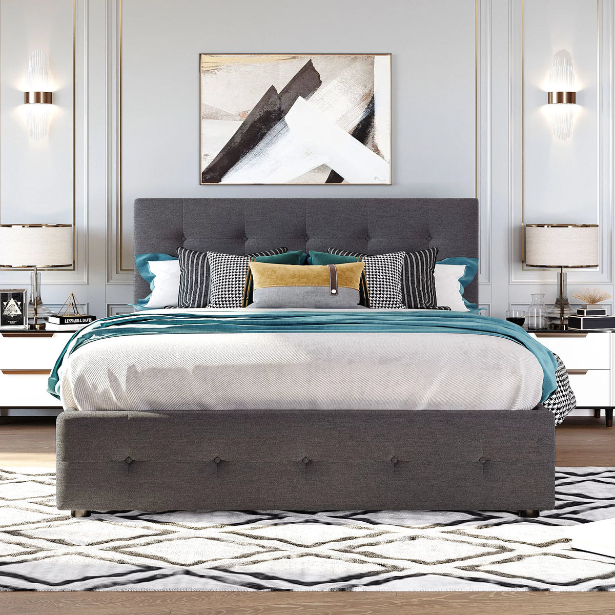 Queen Size Dark Gray Upholstered Platform Bed with 2 Drawers and Trundle Z66187