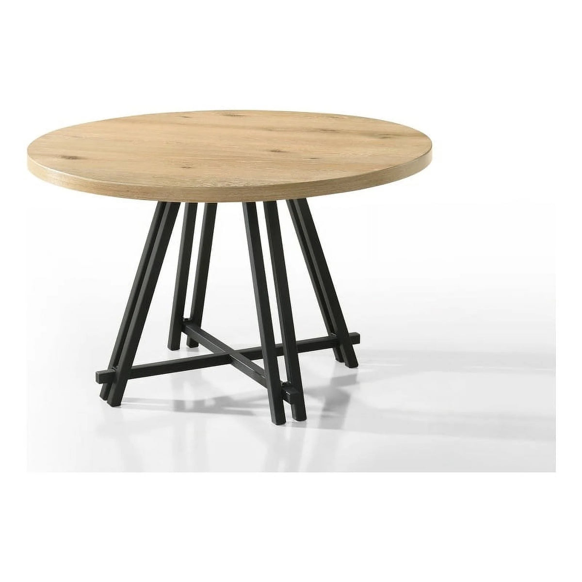 Oak Finish Wood Round Dining Table with Black Metal Base E30851