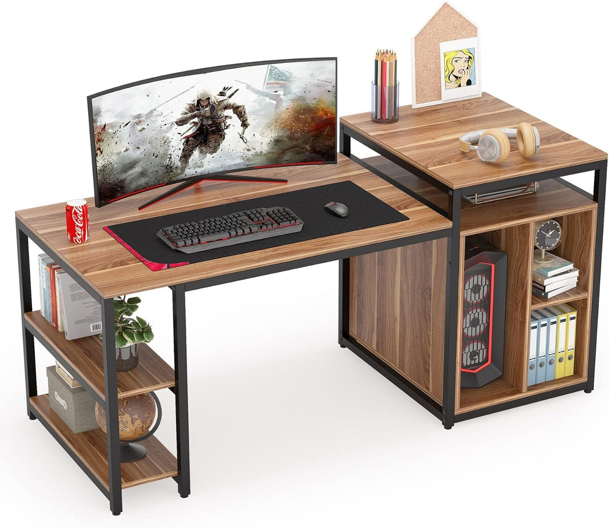 Extra Large Computer Desk with Storage Shelf and Cabinet, Dark Walnut W5519