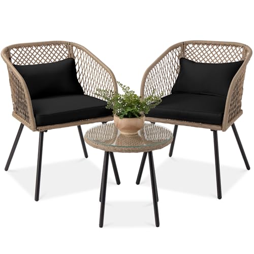 3-Piece Outdoor Wicker Bistro Set with Tempered Glass Side Table M2084