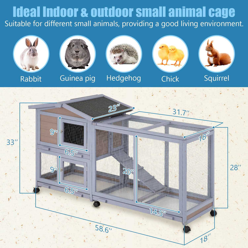 Wood Rabbit Hutch with Wheels & Waterproof Roof Q274