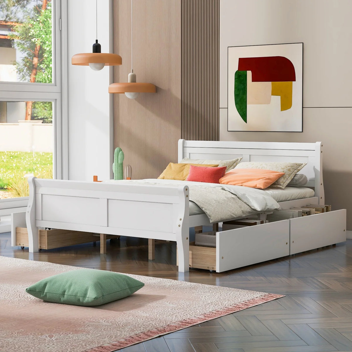 Queen Size Wood Platform Bed with 4 Drawers W88661