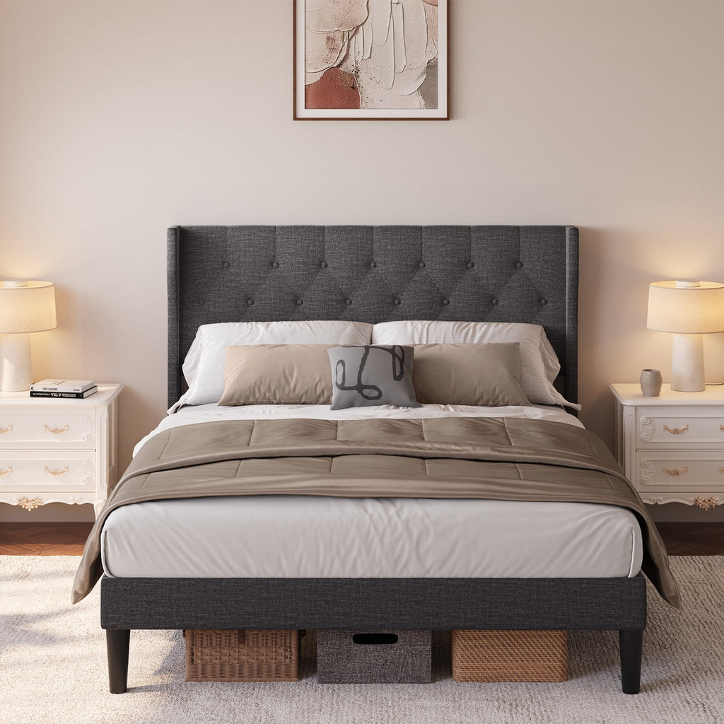 Full Size Dark Gray Bed Frame with Button Tufted Headboard N173