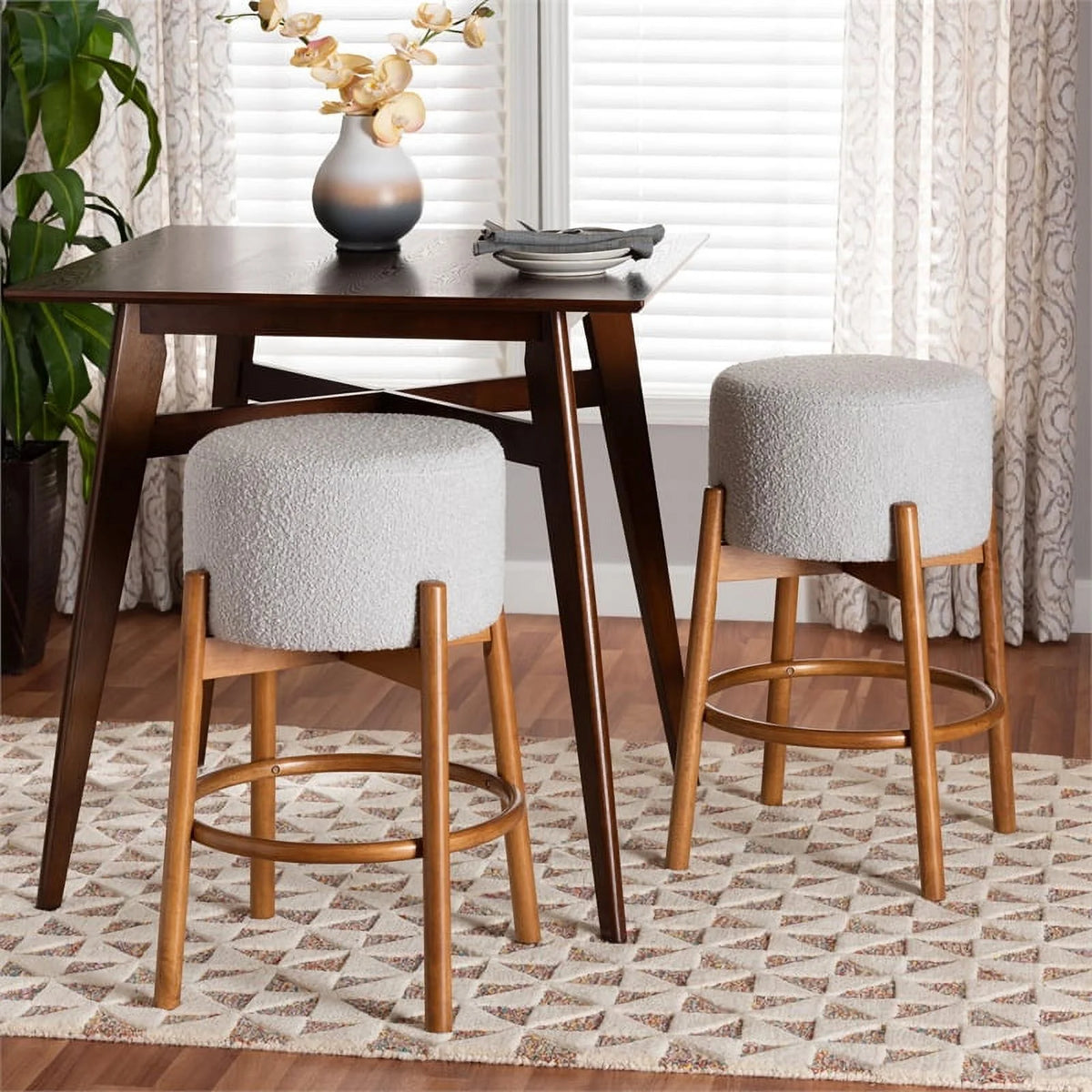 Light Gray Fabric and Brown Wood 2-Piece Bar Stool Set C29749