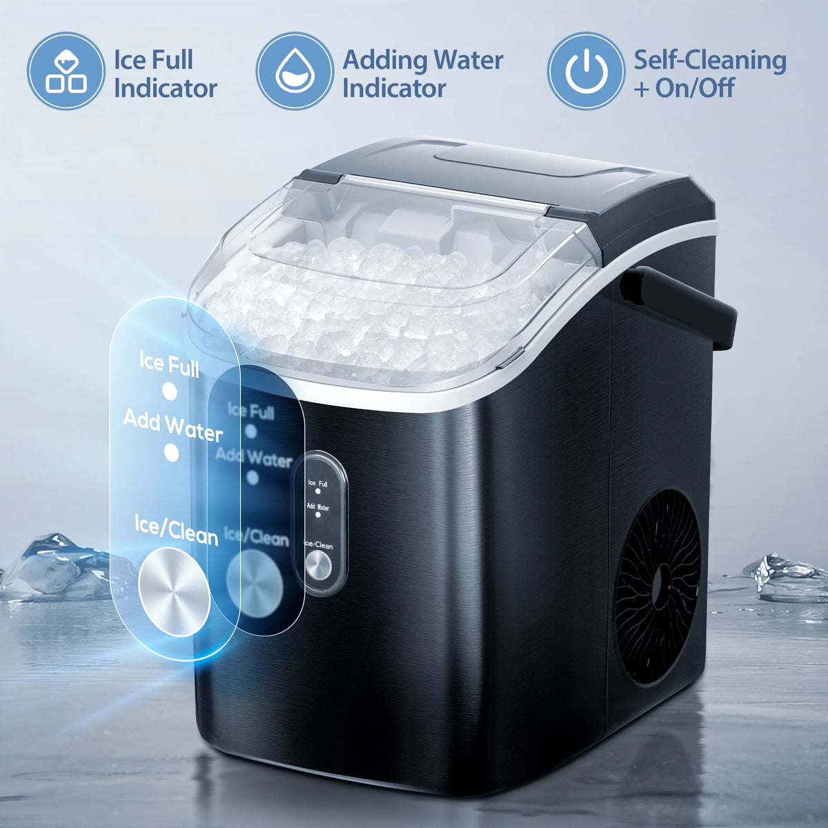 Nugget Ice Maker Countertop with Soft Chewable Pellet Ice, 33lbs/24H, Self-Cleaning, Stainless Steel, Black D358