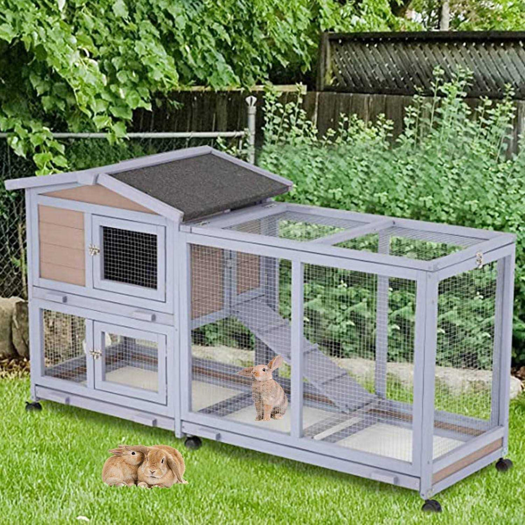 Wood Rabbit Hutch with Wheels & Waterproof Roof Q274