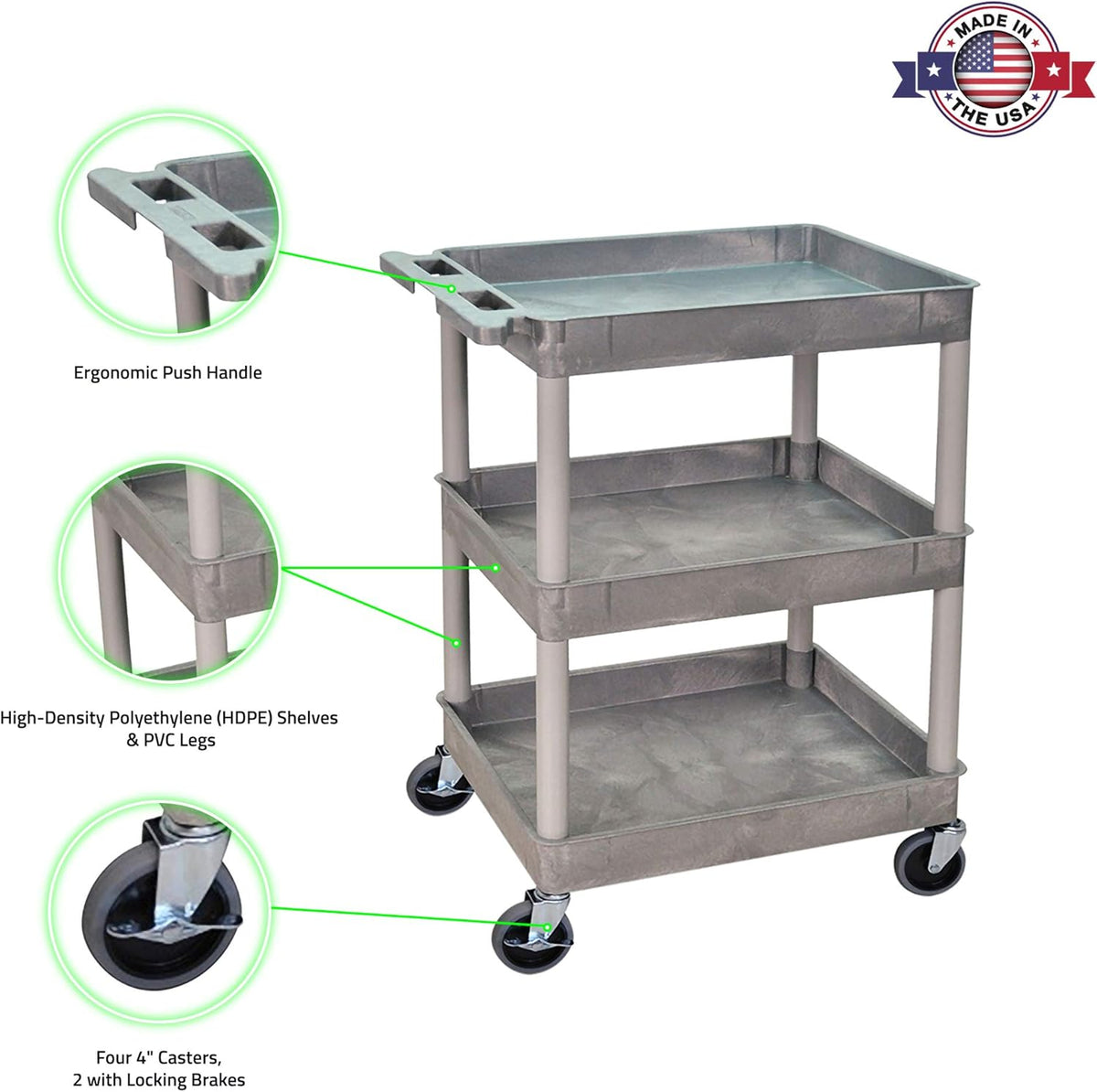 Mobile Utility Tub Cart with 3 Shelves and Push Handle Gray D393