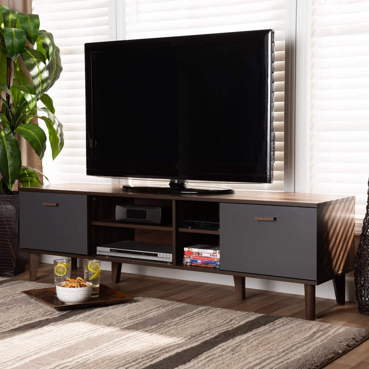 Walnut Brown and Grey Finished Wood TV Stand Q87923