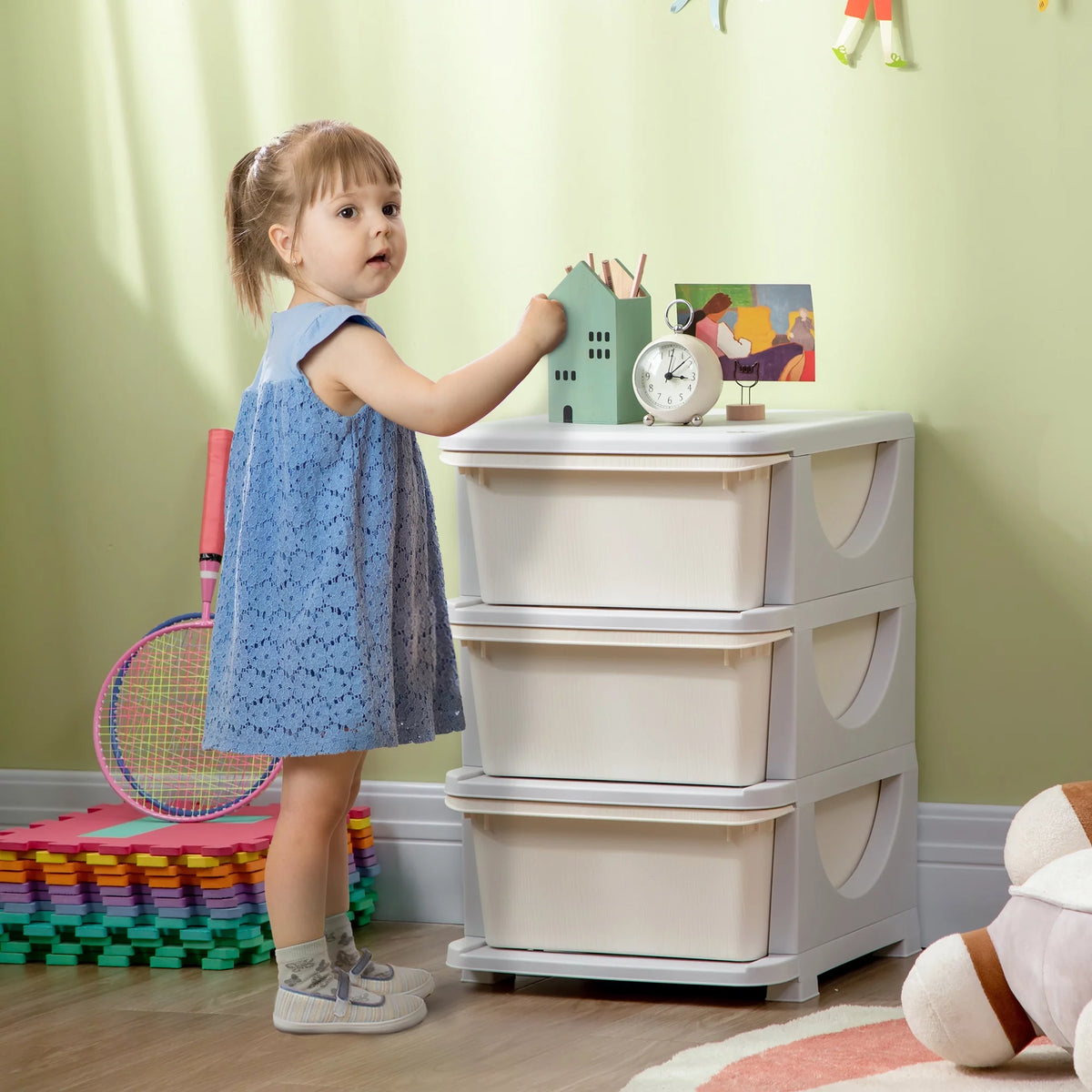 3 Tier Kids Storage Unit Dresser Tower Cream White J28352