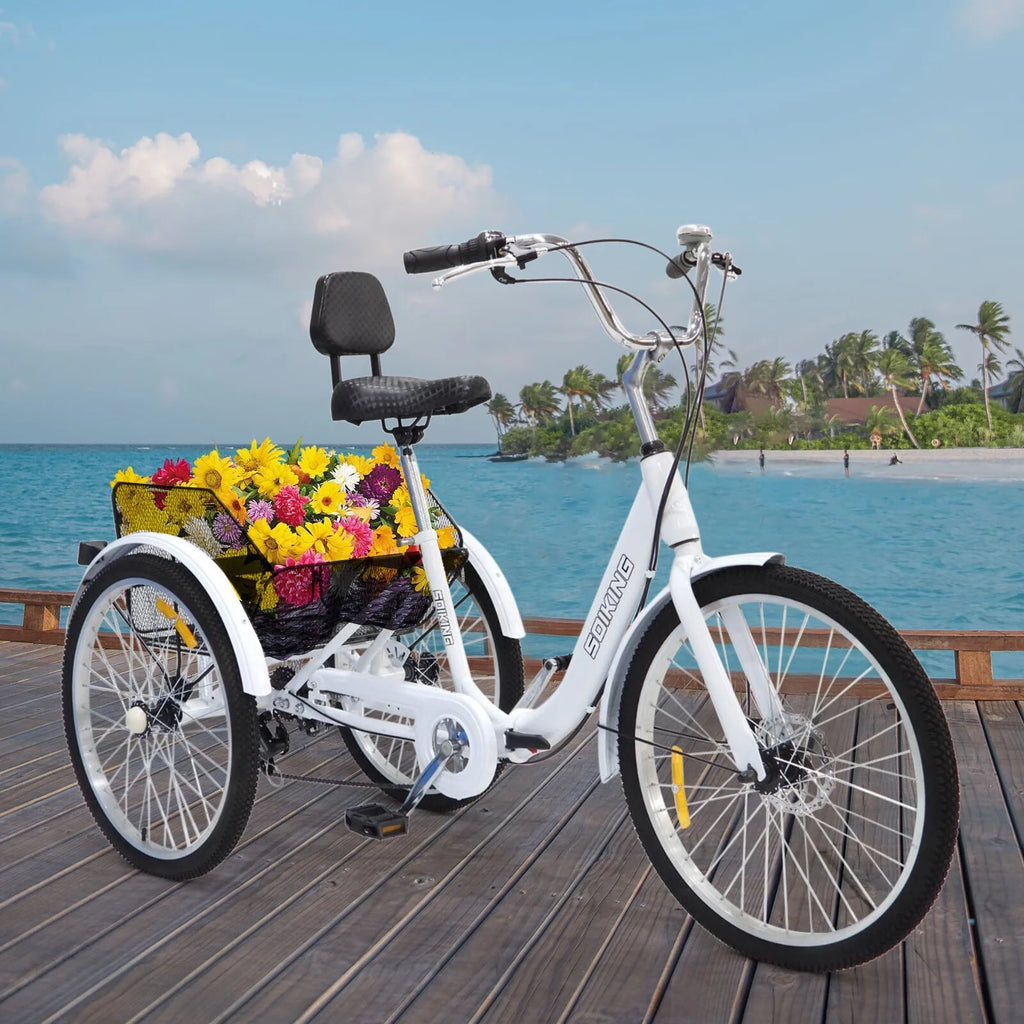 24-Inch 7-Speed Foldable Tricycle Cruiser Bike with Basket K425