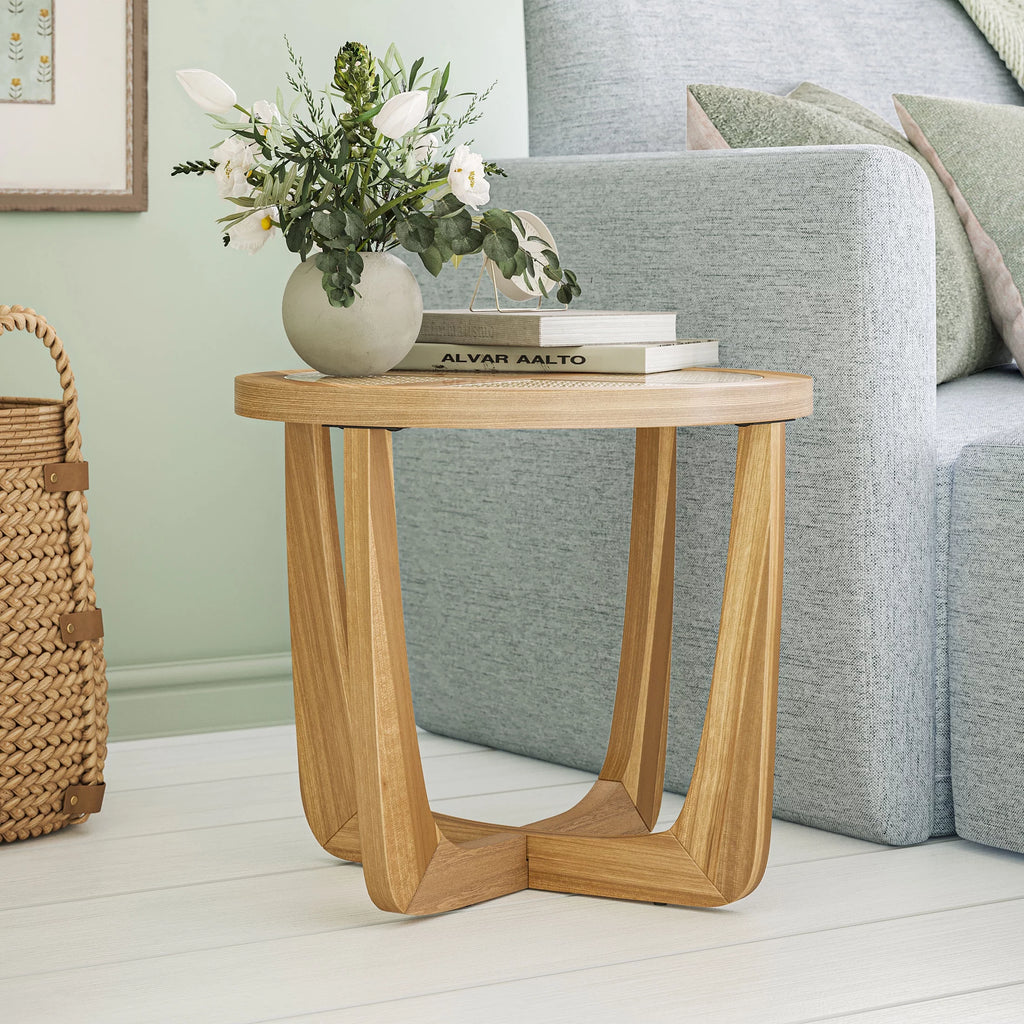 Rattan & Glass Side Table with Solid Wood Frame A386
