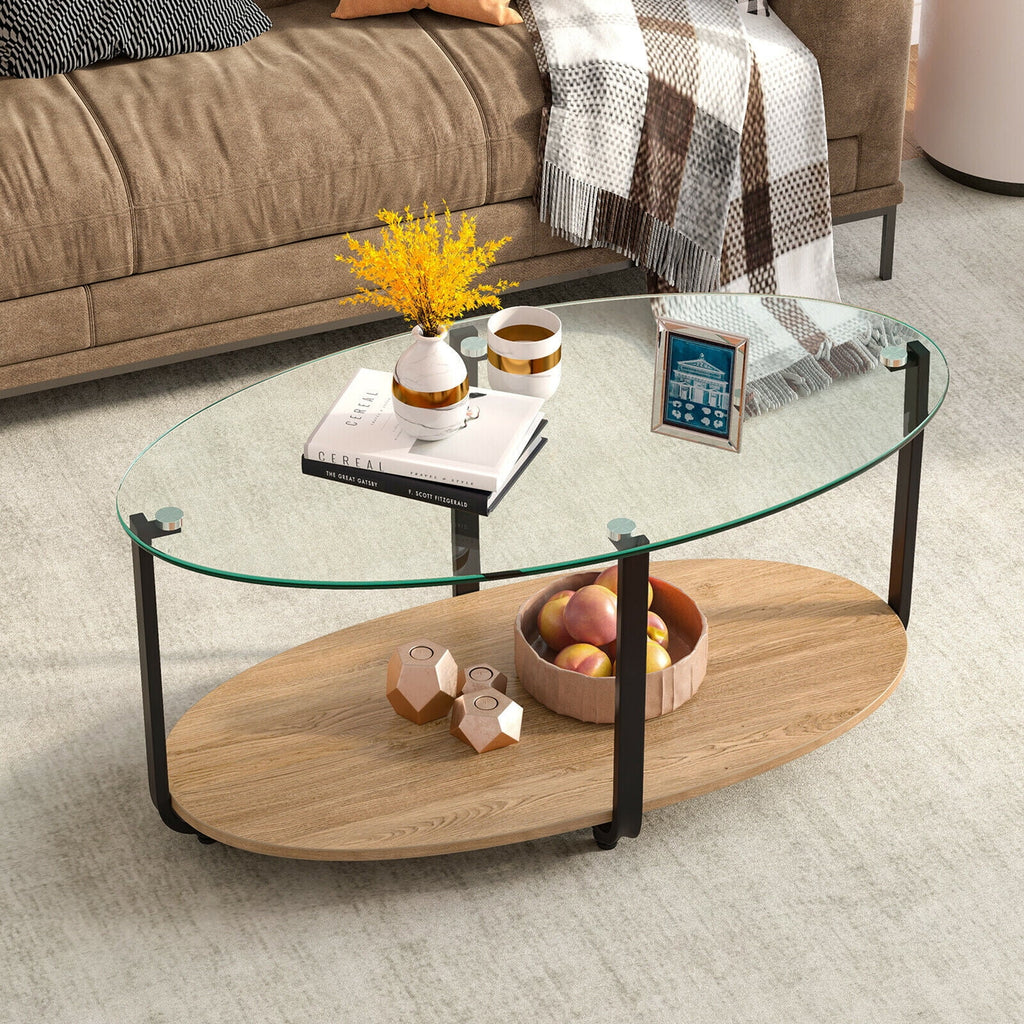 2-Tier Oval Glass-Top Coffee Table with Storage Shelf X697