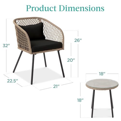 3-Piece Outdoor Wicker Bistro Set with Tempered Glass Side Table M2084